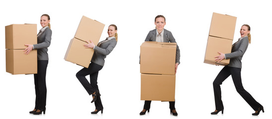 Composite image of woman with boxes on white