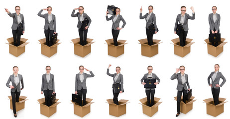 Composite image of woman with boxes on white