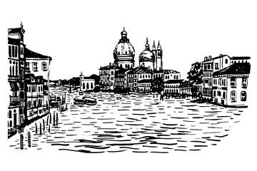 Fototapeta premium drawing background cityscape view of the Basilica di Santa Maria della Salute, the lagoon, the ships and the city around, hand-drawn sketch graphic black vector illustration