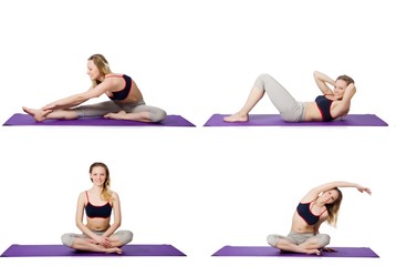 Young female doing exercises on white