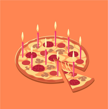 Pizza Birthday Cake. Concept Vector Illustration.