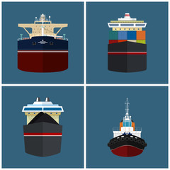 Fototapeta premium Front View of the Vessel, Cargo Container Ship, Oil Tanker, Dry Cargo Ship, Tugboat, International Freight Transportation, Vessel for the Transportation of Goods, Vector Illustration