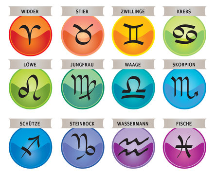 Signes du Zodiaque / 12 Icônes d'Astrologie avec leurs Noms en Allemand