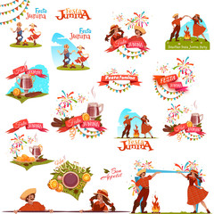 Banner set with ribbons for Festa Junina Brazil party. Vector illustration.