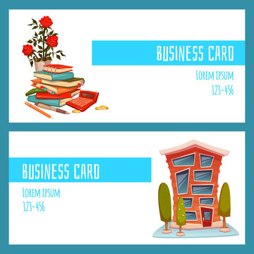 Business card concept with office building and accountant things. Vector illustration.