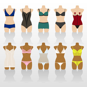 Lingerie icon set. Woman underwear on mannequins. Colorful vector illustration