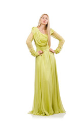 Fototapeta premium Young woman in elegant long green dress isolated on white