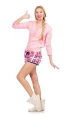 Pretty smiling girl in pink jacket isolated on white