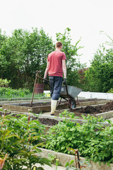 Ein junger Mann arbeitet im Garten