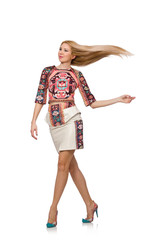 Pretty model in clothes with carpet prints isolated on white