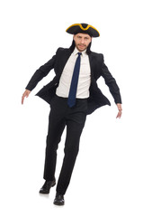 Young businessman wearing tricorn isolated on white