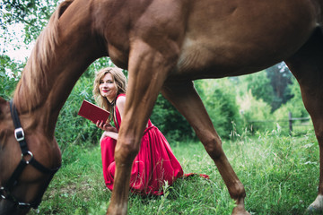  young woman watching a beautiful horse