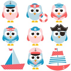 set of sailor owls and boats