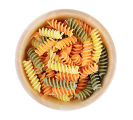 pasta in wood bowl on white background