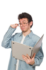 Young student with laptop isolated on white