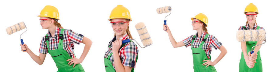 Funny woman painter isolated on white