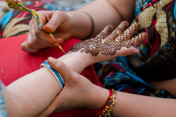 applying henna on hand, wedding ,Rajasthan, India