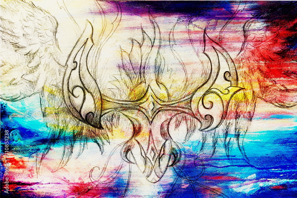 Poster drawing of ornamental phoenix on old paper background computer collage and color structure.