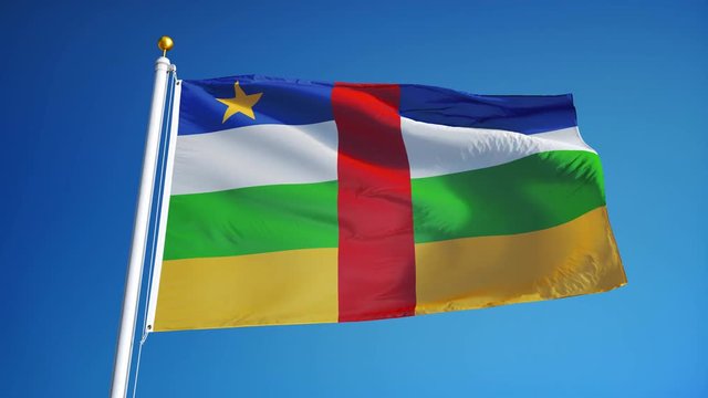 Central African Republic flag waving in slow motion against clean sky, seamlessly looped, close up, isolated on alpha channel with black and white matte, perfect for film, news, digital composition