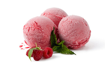 Raspberry ice cream balls with raspberries