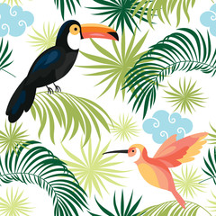 Fototapeta premium tropical birds and leaves seamless background 