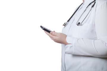 A woman in a white uniform robe with electronic device in her ha