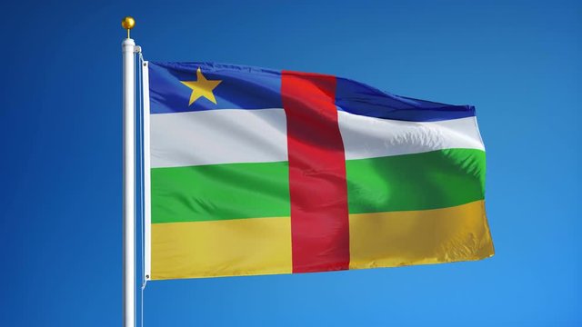 Central African Republic flag waving in slow motion against clean sky, seamlessly looped, close up, isolated on alpha channel with black and white matte, perfect for film, news, digital composition