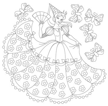 Black and white illustration of princess for coloring. Developing children skills for drawing. Vector image.