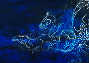 Drawing of ornamental dragon. computer collage and blue color structure. Winter effect.