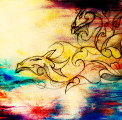 drawing of ornamental dragon on old paper background computer collage. and color structure.