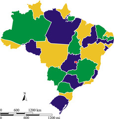 Brazil map vector outline with scales of miles and kilometers, colored with Brazilian flag colors