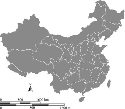 China map vector outline with scales of miles and kilometers in gray background