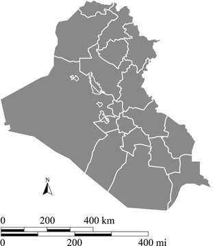 Iraq map vector outline with scales of miles and kilometers in gray background