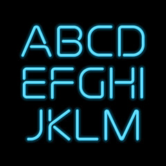 Realistic blue neon letters set A to M