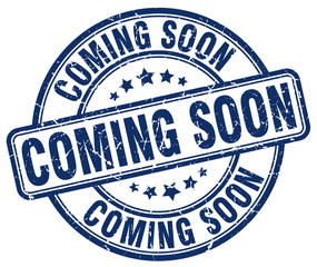 coming soon blue grunge round vintage rubber stamp