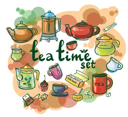 Watercolor sketch tea set and lettering