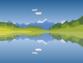 Fototapeta premium Vector mountain landscape with lake and clouds