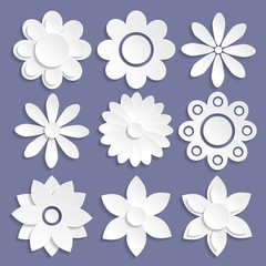 Set of paper origami flowers on violet  background