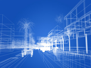 sketch design of urban ,3dwire frame render