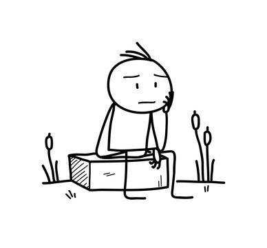 The Thinker, a hand drawn vector doodle illustration of a stick figure pondering about something.