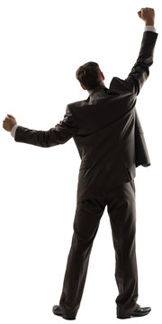 Rear view of successful business man with arms up 