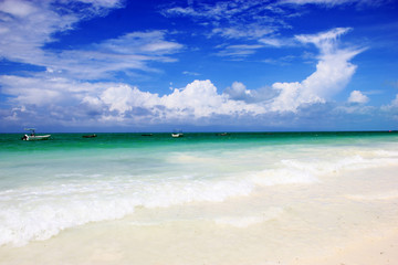 Fototapeta na wymiar Vacation travel background, beautiful tropical island Zanzibar beach