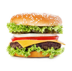 Big burger, hamburger, cheeseburger close-up isolated on a white background.