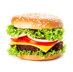 Big burger, hamburger, cheeseburger close-up isolated on a white background.