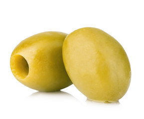 Two green olives isolated on white background.;