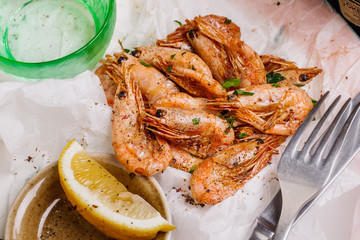 Fried shrimps. Snack to beer and wine. Serve cooked shrimp and l