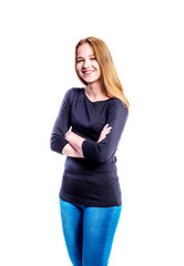 Girl in jeans and t-shirt, young woman, studio shot