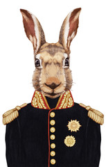 Obraz premium Portrait of Hare in military uniform. Hand-drawn illustration, digitally colored.