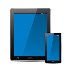 Tablet, smart phone and blue screens. Vector Illustration.