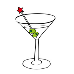 Vector illustration of a vodka martini in a cocktail glass with olives and a swizzle stick